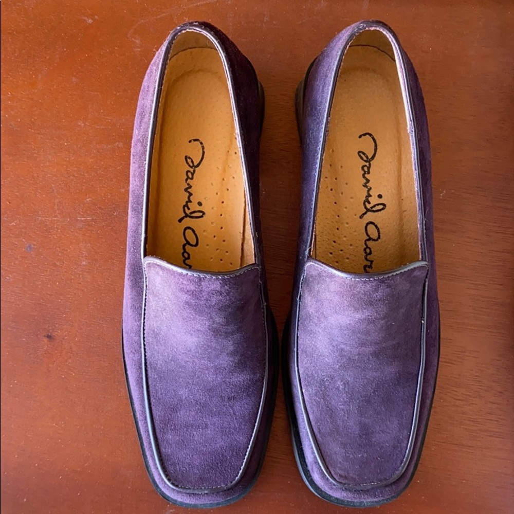David Aaron purple suede loafers